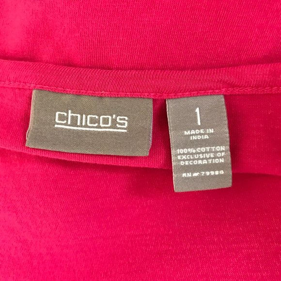 Chico's Pink Sequin T-shirt Blouse 1 / MEDIUM M Drawstring Waist 100% Cotton - Picture 5 of 7